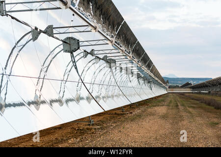 Logrosan, Extremadura, Spain - March 23, 2019: Detail of the concentrators and solar panels of the solar thermal power plant Solaben in Logrosan, Extr Stock Photo