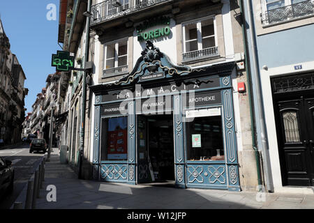 Exterior view of facade Farmacia Moreno Portuguese pharmacy chemist shop on Largo São Domingos in Porto Oporto Portugal Europe EU  KATHY DEWITT Stock Photo