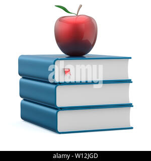Blue books blank textbooks stack and red apple education studying reading learning school college knowledge literature idea icon concept. 3d render Stock Photo