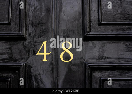 House number 48 with the forty-eight painted in gold on a black painted old wooden front door Stock Photo