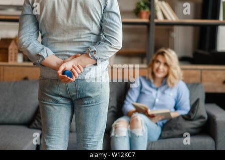 Man holds a box with a ring, wedding proposal Stock Photo