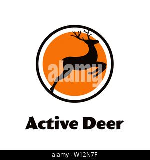Active Deer - black vector silhouette of Reindeer with antlers - logo. Stock Vector