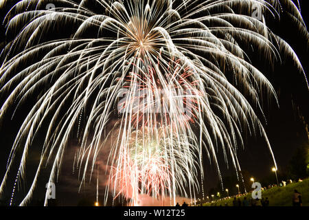 Big firework during festival in Zagreb, Croatia. Multiple firework explosions. Stock Photo