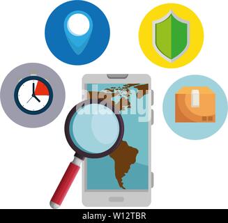 smartphone with magnifying glass and delivery service app Stock Vector