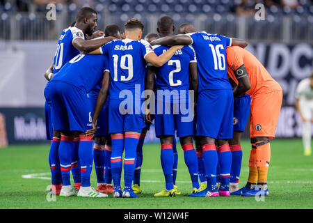 Houston, TX, USA. 29th June, 2019. Canada forward Lucas Cavallini (19)  celebrates his goal during the 1st half of a CONCACAF Gold Cup  quarterfinals soccer match between Haiti and Canada at NRG