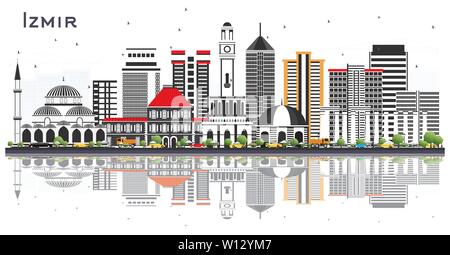Izmir Turkey City Skyline with Color Buildings and Reflections Isolated on White. Vector Illustration. Business Travel and Tourism Concept. Stock Vector