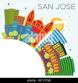 San Jose Costa Rica City Skyline with Color Buildings, Blue Sky and Copy Space. Vector Illustration. Stock Vector