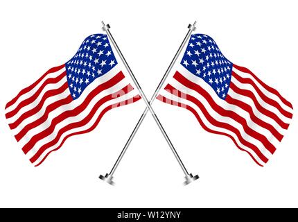 Crossed Flags of USA. Vector Illustration. Isolated Wave Flags of USA Country. Stock Vector