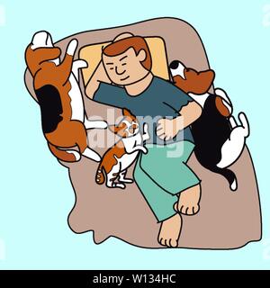 Man sleeping surrounded by his pet, cat and dogs, on quilt, top view, vector illustration. Stock Vector