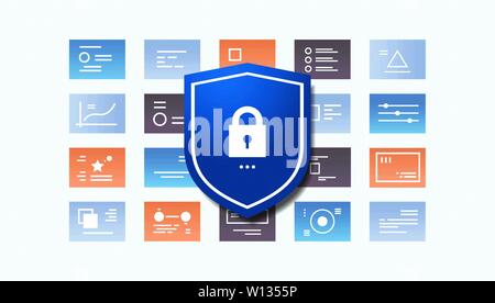 shield with padlock desktop or mobile application user interface software security data protection concept flat horizontal Stock Vector