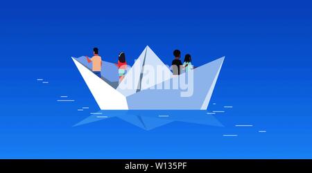 people group floating on paper boat rear view men women team traveling on sheep discovery concept mix race male female cartoon characters flat Stock Vector