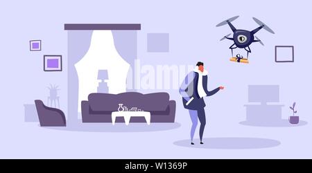 casual man getting parcel gift box from quadcopter express air mail drone delivery concept modern apartment living room interior sketch doodle horizon Stock Vector