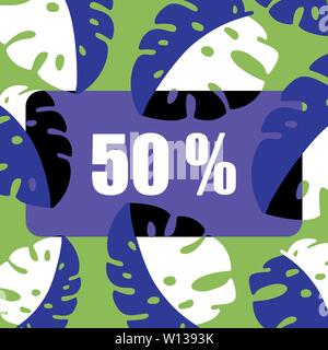 Summer sale banner 50 discount with colorful tropical leaves. Summer sale online banner template, with special discount offer up to 50 off, palm Stock Vector