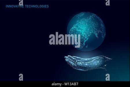 Planet earth ecology care. Hand holding careful global nature eco concept. Middle east Africa Europe side countries. Save the world resolution modern Stock Vector