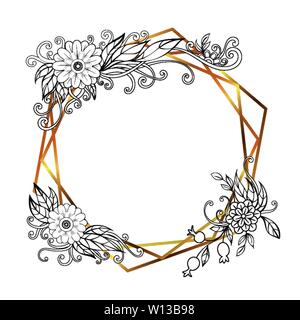 Gold polygonal modern card with hand drawn flowers. Floral frame design. Triangles and geometric shapes. Vector illustration. Isolated on white background Stock Vector