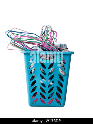 Heap clothes in plastic basket with hanger,isolated on white background Stock Photo