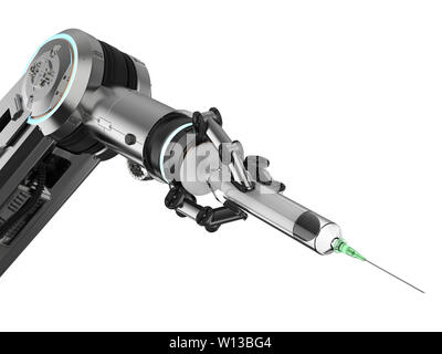 Medical technology concept with 3d rendering robotic hand holding syringe Stock Photo