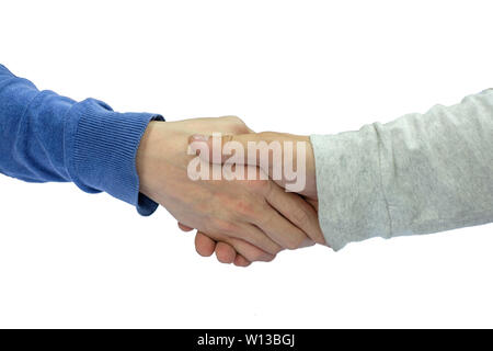 Young man hand casual shaking hands on isolated white background Stock Photo