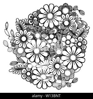 Adult coloring page with flowers pattern. Black and white doodle wreath. Floral mandala. Bouquet line art vector illustration isolated on white background. Round design element Stock Vector