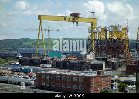 Harland and Wolff Cranes, Samson and Goliath from the Titanic Experience Museum in the Titanic Quarter, Belfast, County Antrim, Northern Ireland, UK. Stock Photo