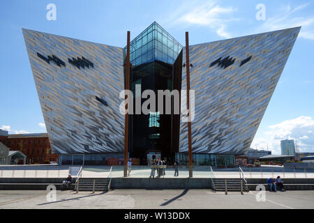 Outside the Titanic Experience Museum in the Titanic Quarter, Belfast, County Antrim, Northern Ireland, UK.