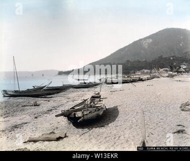 [ 1890s Japan - Fishing Boats at Sumo, Kobe ] —   Fishing boats on the beach at Suma, Hyogo Prefecture.  19th century vintage albumen photograph. Stock Photo