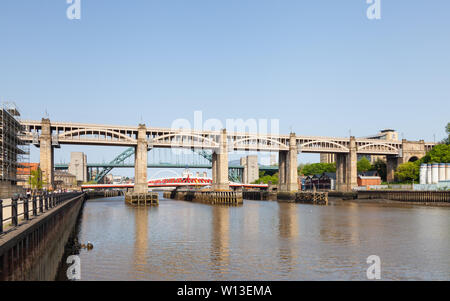 A view of the High Level Bridge, a road and railway bridge over the River Tyne.  The bridge connects Newcastle upon Tyne and Gateshead. Stock Photo