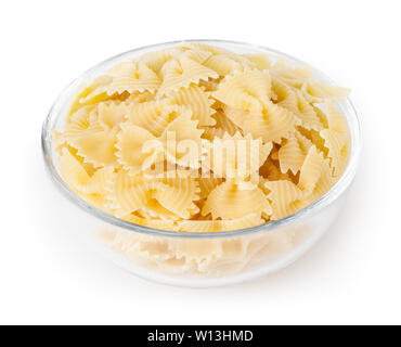 Bow tie pasta in glass bowl isolated on white background with clipping path Stock Photo