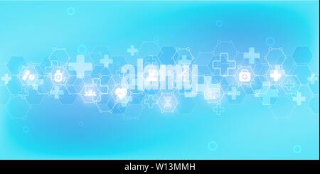 Abstract medical background with flat icons and symbols. Concepts and ideas for healthcare technology, innovation medicine, health, science and resear Stock Vector