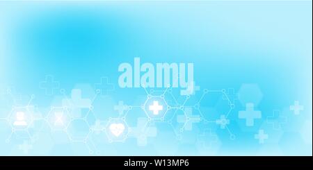 Abstract medical background with flat icons and symbols. Concepts and ideas for healthcare technology, innovation medicine, health, science and resear Stock Vector
