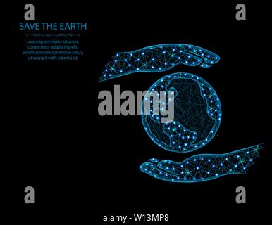Hands hold the planet low poly design, save the earth in polygonal style, protect the environment vector illustration on black background Stock Vector