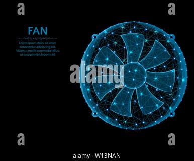 Fan low poly graphic model, polygonal electronic equipment, cooling system wire frame vector illustration on black background Stock Vector
