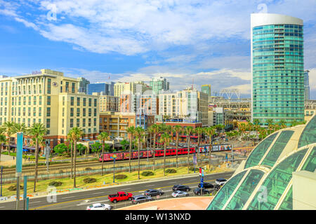 San Diego, California, United States - July 31, 2018: aerial view of cityscape Downtown and San Diego Trolley from Convention Center in Marina Stock Photo