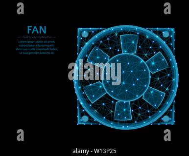 Fan low poly graphic model, polygonal electronic equipment, cooling system wire frame vector illustration on black background Stock Vector