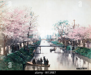 [ 1890s Japan - Edogawa River, Tokyo ] —   A ferry on the Edogawa River in Tokyo. Cherry blossom trees stand along the banks.  19th century vintage albumen photograph. Stock Photo