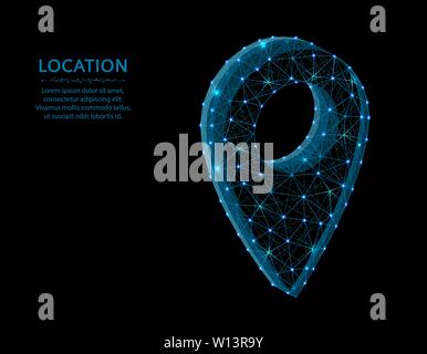 Location pin low poly graphic object, polygonal image navigation, gps icon wire frame vector illustration on black background Stock Vector