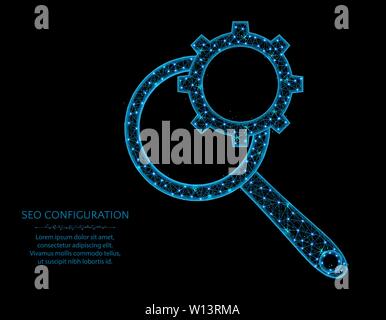 SEO configuration low poly design, magnifying glass in polygonal style, processing or analyzing data vector illustration on black background Stock Vector