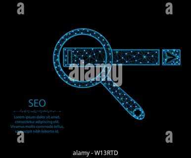 SEO low poly design, magnifying glass in polygonal style, enter text vector illustration on black background Stock Vector