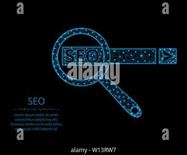 SEO low poly design, magnifying glass in polygonal style, find website in search engines. Vector illustration on black background Stock Vector