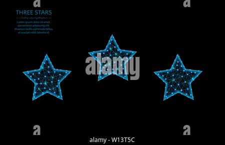 Three stars low poly design, Rating sign in polygonal style, favorite vector illustration on black background Stock Vector
