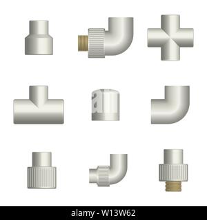 Set of various fittings and connections for plastic pipes, isolated on white background. Front view, vector illustration. Stock Vector