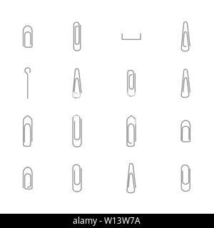 Set of various steel paper clips isolated on white background, vector illustration. Stock Vector
