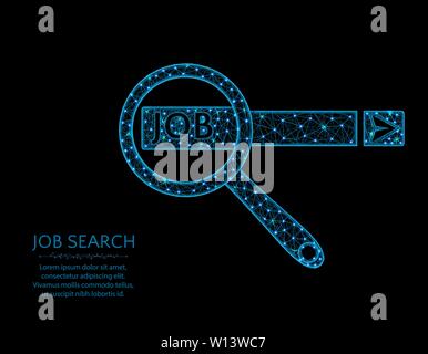 Job search low poly design, magnifying glass in polygonal style, look for information about employment. Vector illustration on black background Stock Vector