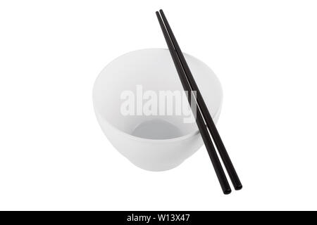 White bowl with chopsticks isolated on white background Stock Photo