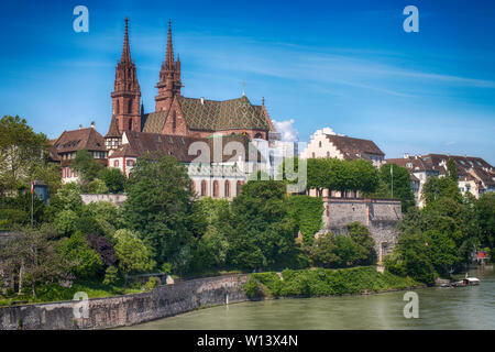 Basel, Switzerland May30 2019: The Old Town of Basel, Munster cathedral and the Rhine river, Switzerland Stock Photo