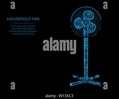Household fan low poly graphic model, polygonal electronic equipment, cooling system wire frame vector illustration on black background Stock Vector