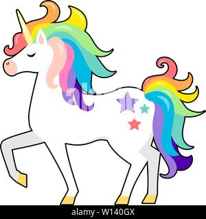 Cute unicorn white horse with gold horn and beauty rainbow hair. Design for child card, t-shirt. Girls,kid, magic concept. Isolated on white backgroun Stock Vector