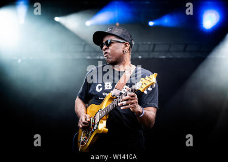 Copenhagen, Denmark - June 22nd, 2019. The American rock band Living Colour performs a live concert during the Danish heavy metal festival Copenhell 2019 in Copenhagen. Here guitarist Vernon Reid is seen live on stage. (Photo credit: Gonzales Photo - Christian Hjorth). Stock Photo