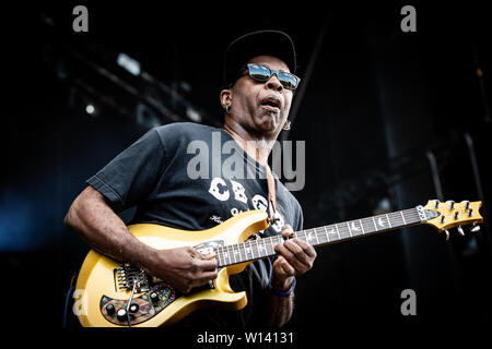 Copenhagen, Denmark - June 22nd, 2019. The American rock band Living Colour performs a live concert during the Danish heavy metal festival Copenhell 2019 in Copenhagen. Here guitarist Vernon Reid is seen live on stage. (Photo credit: Gonzales Photo - Christian Hjorth). Stock Photo