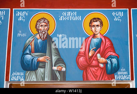 Saint apostles Andreas and Thomas frescoes Christian Orthodox church interior men Stock Photo